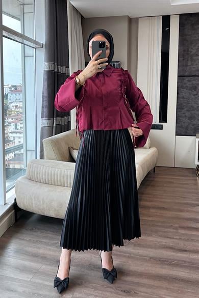 Fırfırlı Etek Üstü Gömlek Bordo 