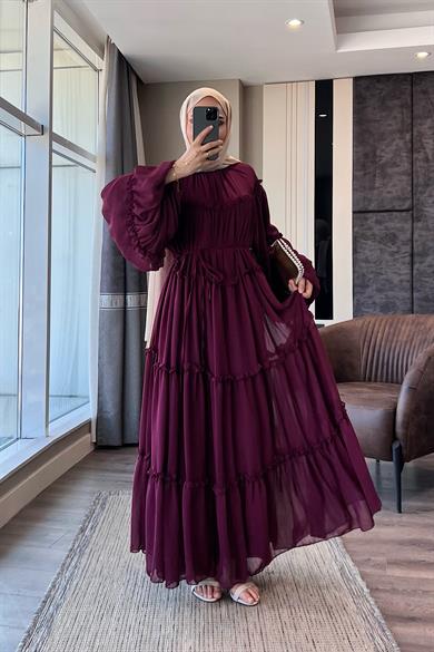 Fırfırlı Şifon Elbise Vişne Çürüğü