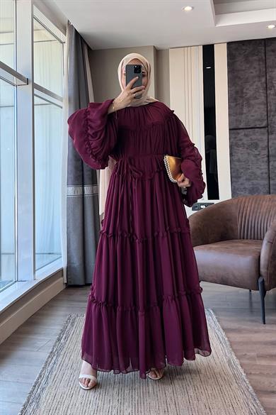 Fırfırlı Şifon Elbise Vişne Çürüğü