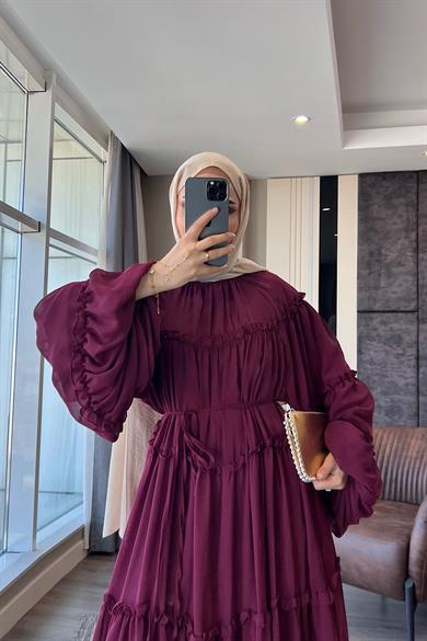 Fırfırlı Şifon Elbise Vişne Çürüğü