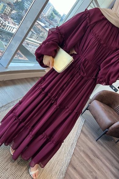 Fırfırlı Şifon Elbise Vişne Çürüğü