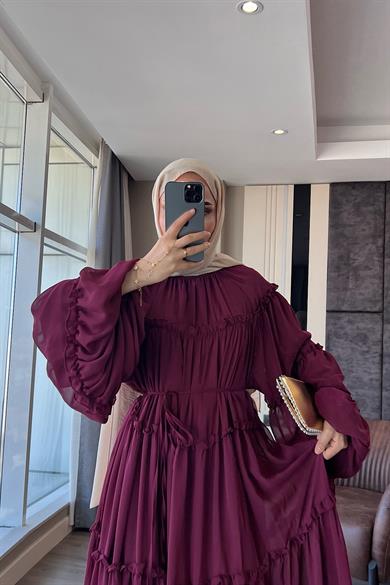 Fırfırlı Şifon Elbise Vişne Çürüğü