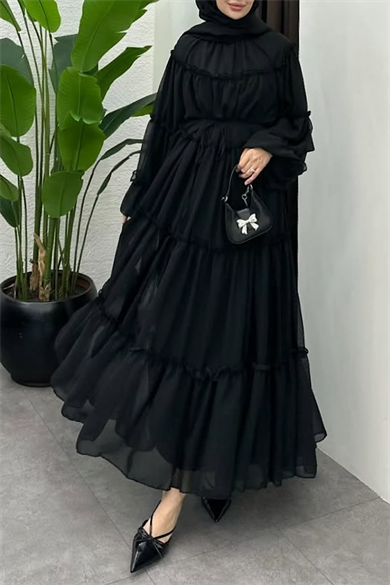 Fırfırlı Şifon Elbise Siyah