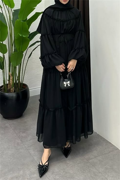 Fırfırlı Şifon Elbise Siyah