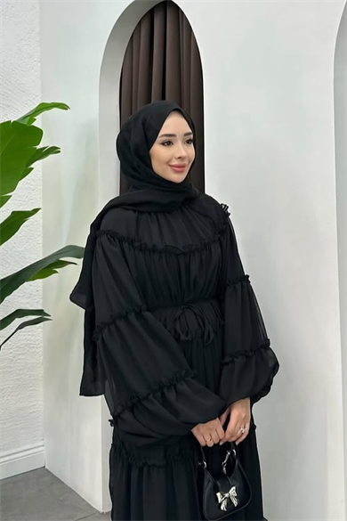 Fırfırlı Şifon Elbise Siyah