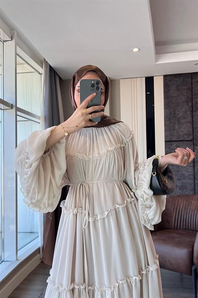 Fırfırlı Şifon Elbise Taş