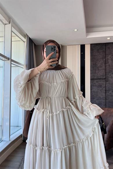 Fırfırlı Şifon Elbise Taş