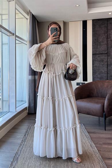 Fırfırlı Şifon Elbise Taş