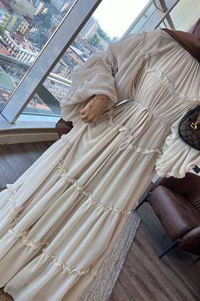 Fırfırlı Şifon Elbise Taş