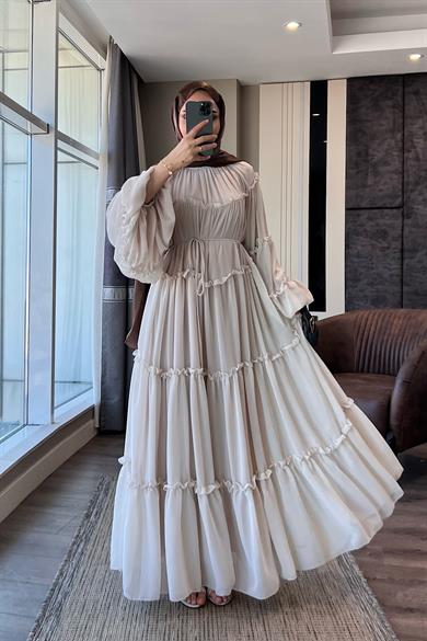 Fırfırlı Şifon Elbise Taş