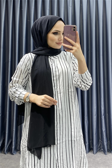 Gizli Patlı Beyaz Üzeri Siyah Çizgili Tunik