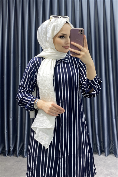 Gizli Patlı Lacivert Üzeri Beyaz Çizgili Tunik