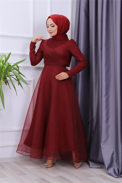 Göğüs Drape Detaylı  Abiye  Bordo