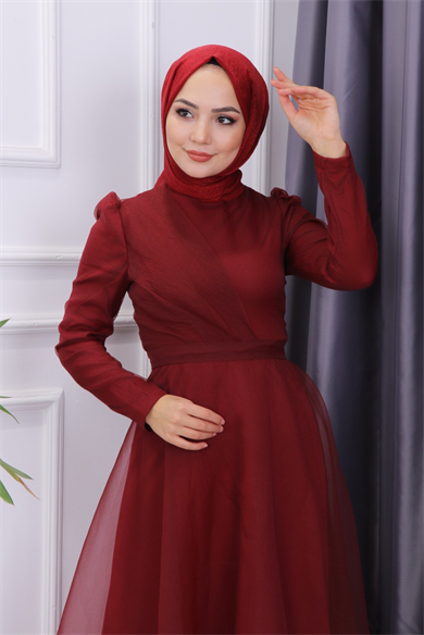 Göğüs Drape Detaylı  Abiye  Bordo