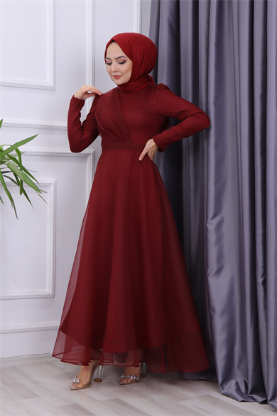 Göğüs Drape Detaylı  Abiye  Bordo