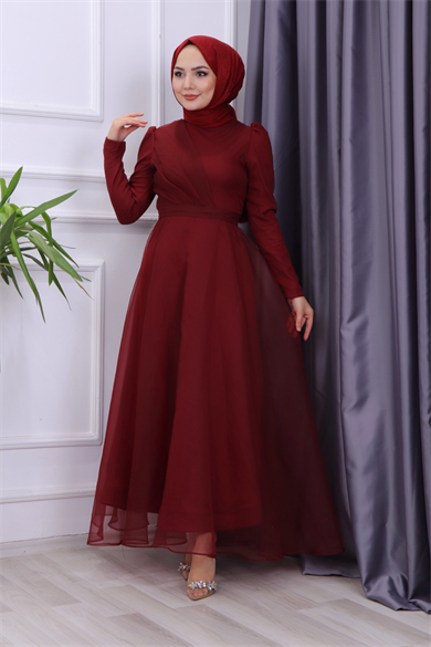 Göğüs Drape Detaylı  Abiye  Bordo