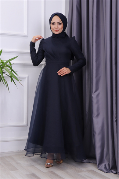 Göğüs Drape Detaylı  Abiye  Lacivert