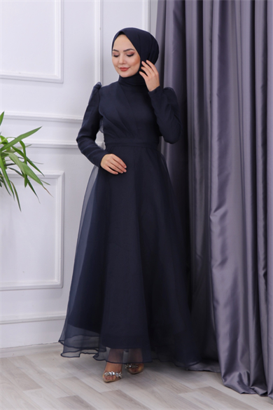 Göğüs Drape Detaylı  Abiye  Lacivert