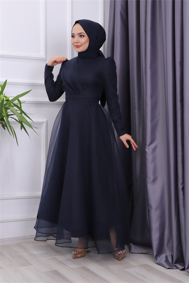 Göğüs Drape Detaylı  Abiye  Lacivert