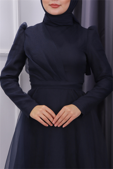 Göğüs Drape Detaylı  Abiye  Lacivert