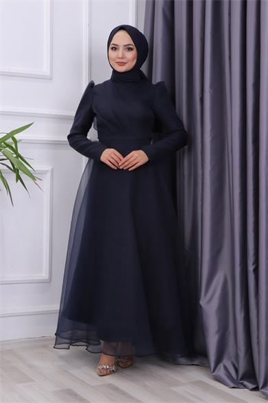 Göğüs Drape Detaylı  Abiye  Lacivert