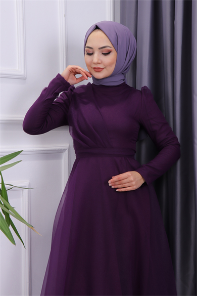 Göğüs Drape Detaylı  Abiye  Mor