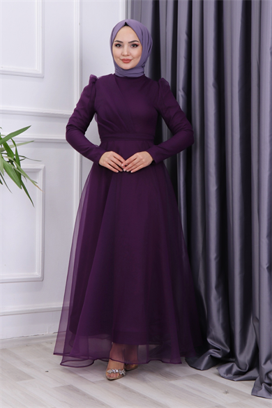 Göğüs Drape Detaylı  Abiye  Mor