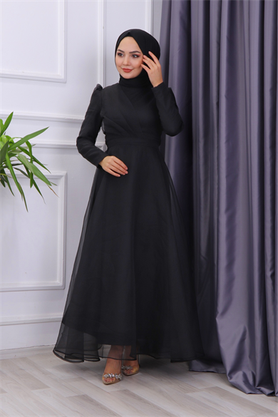 Göğüs Drape Detaylı  Abiye  Siyah