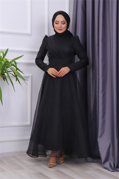 Göğüs Drape Detaylı  Abiye  Siyah