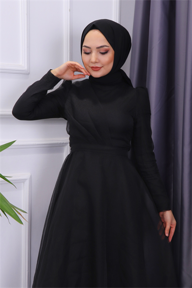 Göğüs Drape Detaylı  Abiye  Siyah