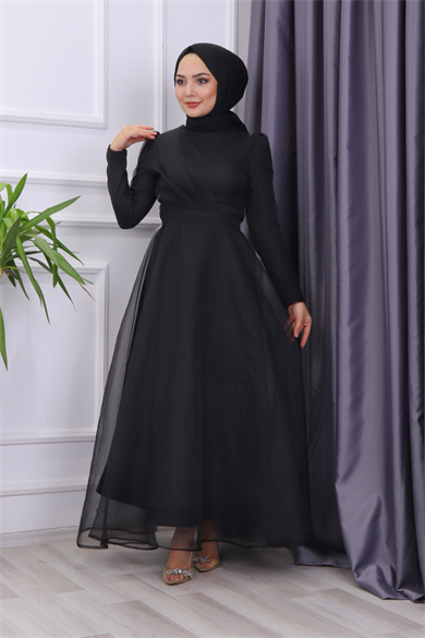Göğüs Drape Detaylı  Abiye  Siyah