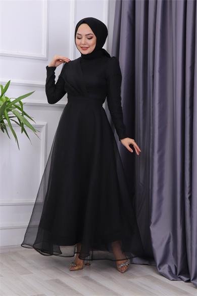 Göğüs Drape Detaylı  Abiye  Siyah