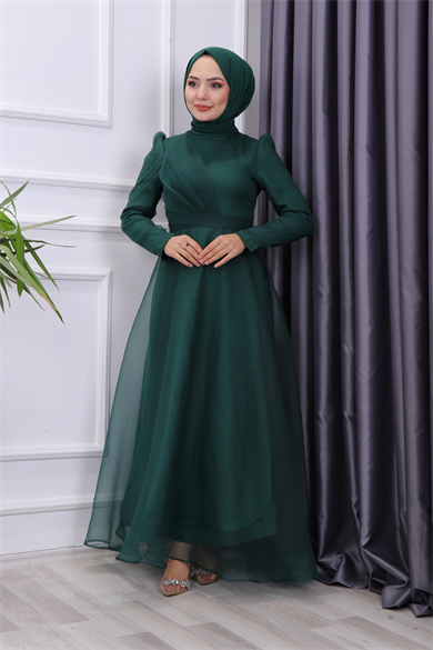 Göğüs Drape Detaylı  Abiye Yeşil