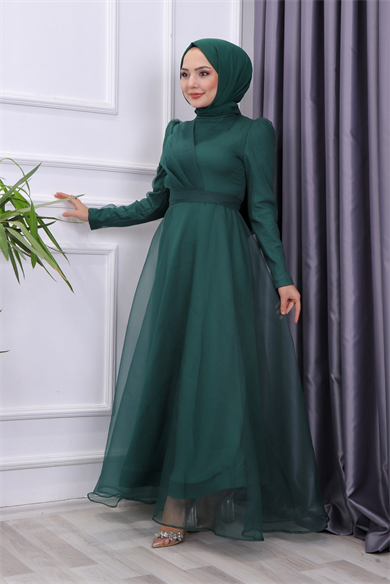 Göğüs Drape Detaylı  Abiye Yeşil