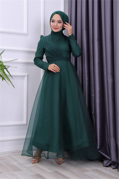 Göğüs Drape Detaylı  Abiye Yeşil