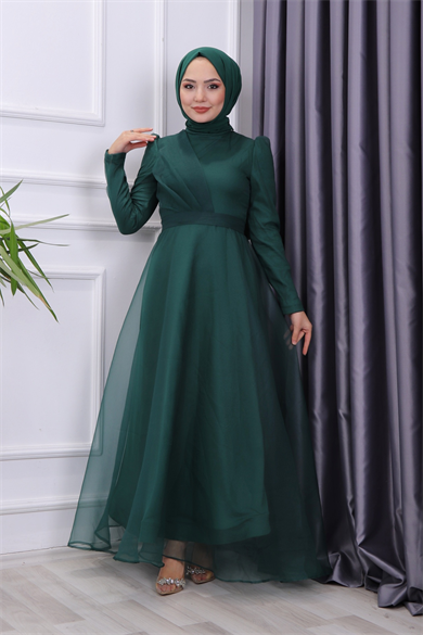 Göğüs Drape Detaylı  Abiye Yeşil