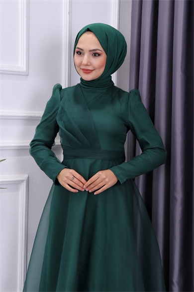 Göğüs Drape Detaylı  Abiye Yeşil