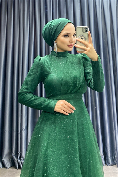 Göğüs Drapeli Simli Abiye Yeşil