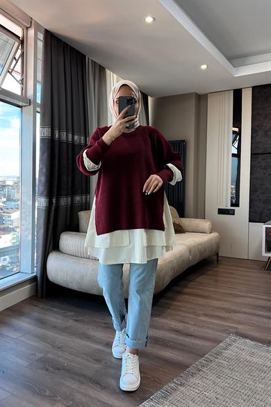 Gömlek Detaylı Triko Tunik Bordo