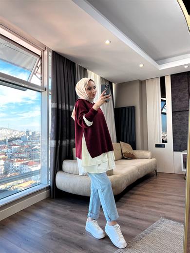 Gömlek Detaylı Triko Tunik Bordo