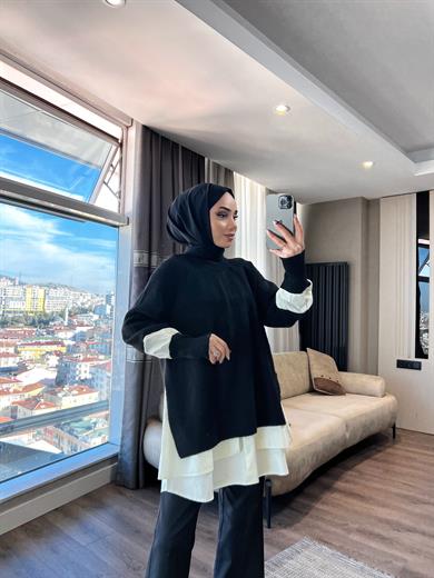 Gömlek Detaylı Triko Tunik Siyah 