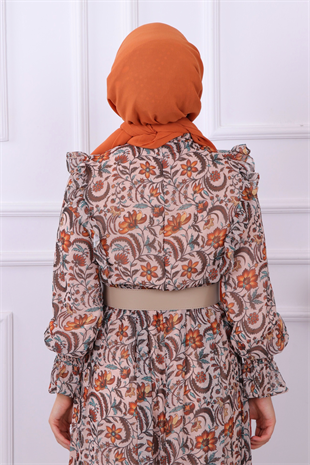 Grbz Çicek Desenli Şifon Elbise Kiremit