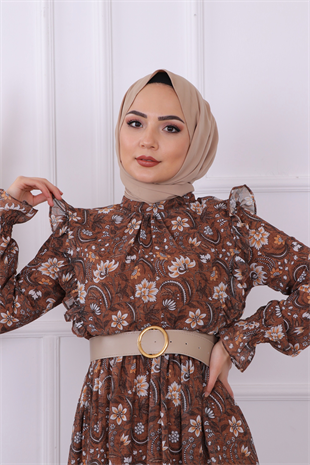 Grbz Çicek Desenli Şifon Elbise Tarçın