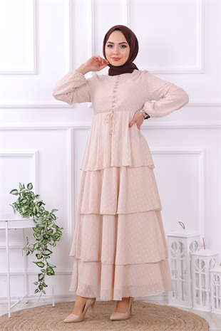 Grbz Ponpon Detaylı Kat Kat Krem Elbise