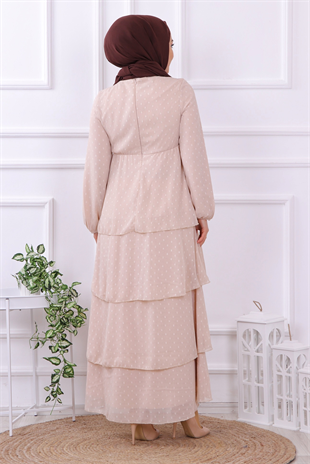 Grbz Ponpon Detaylı Kat Kat Krem Elbise