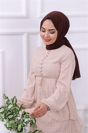 Grbz Ponpon Detaylı Kat Kat Krem Elbise