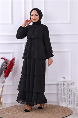 Grbz Ponpon Detaylı Kat Kat Siyah Elbise