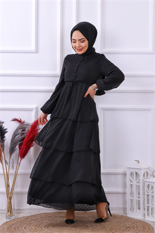 Grbz Ponpon Detaylı Kat Kat Siyah Elbise