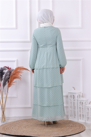 Grbz Ponpon Detaylı Kat Kat Elbise Su Yeşili