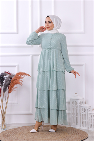 Grbz Ponpon Detaylı Kat Kat Elbise Su Yeşili